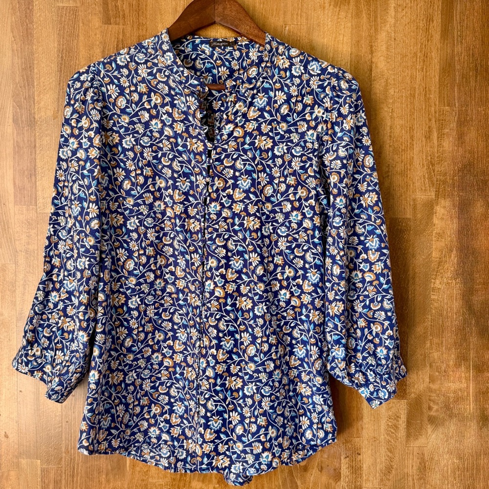 J. McLaughlin Silk Blend Floral Mandarin Collar Blouse Blue Gold Womens Large‎